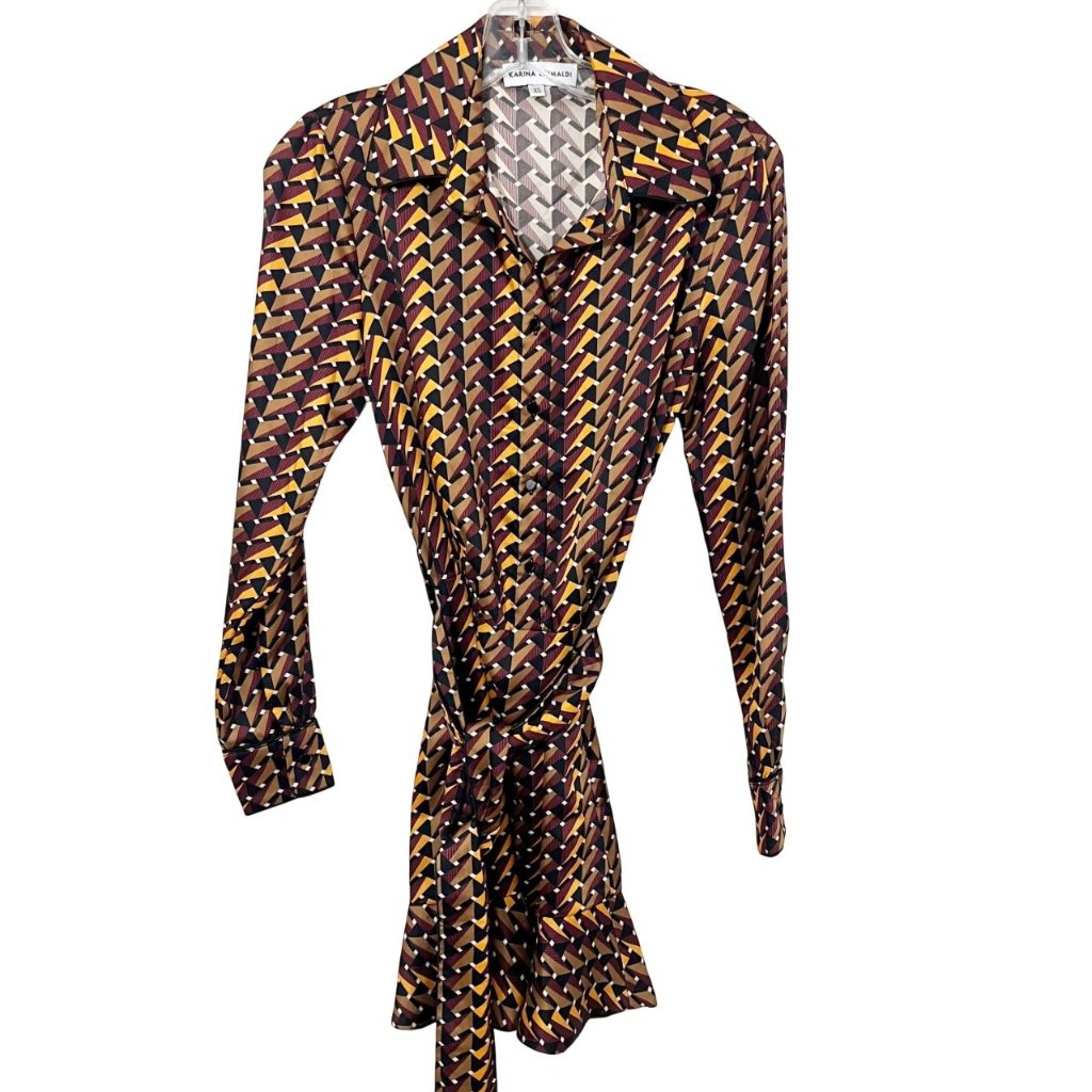 Karina Grimaldi Brown Multicolor Geometric Print Long Sleeve Satin Belt Dress Xs